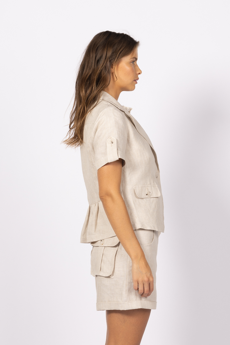 beige natural linen matching set jacket shorts