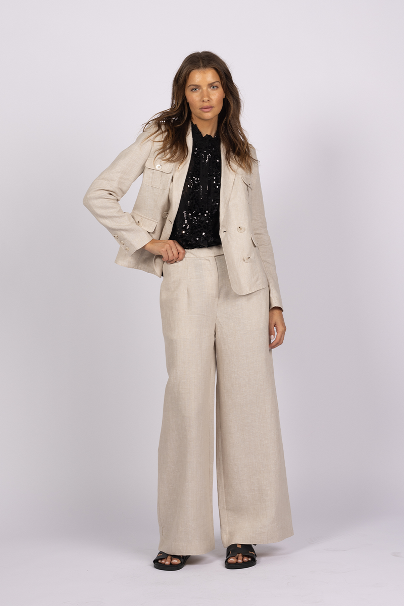 wide leg linen beige pant suit jacket