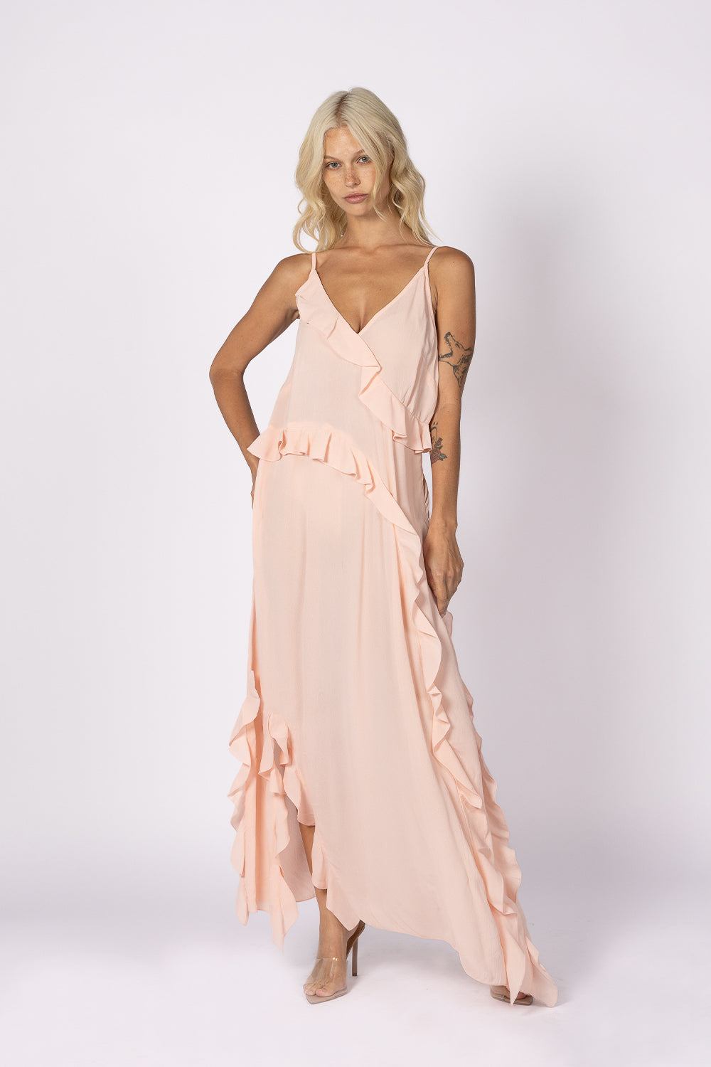 soft pink ruffle maxi dress