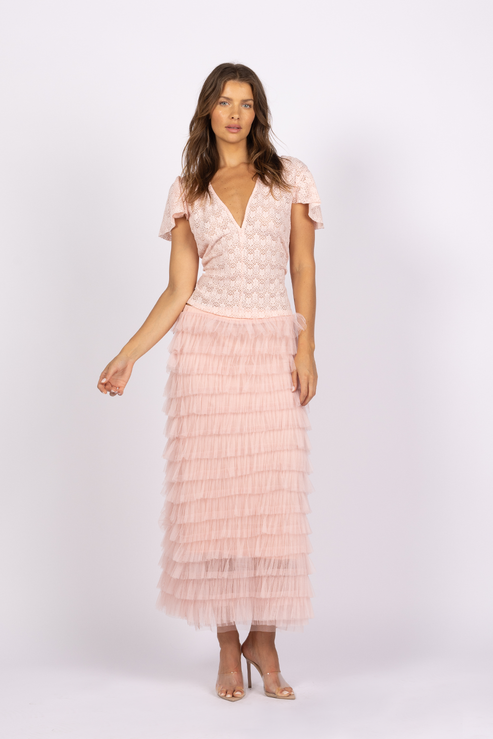 pink ruffle layered tulle skirt