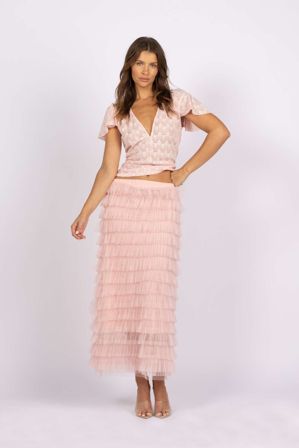 pink tulle layered ruffle maxi skirt