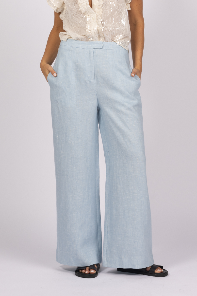 baby blue linen wide leg tailored pants