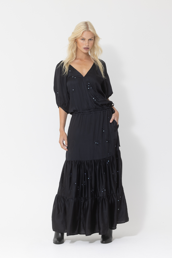black silk tiered maxi dress