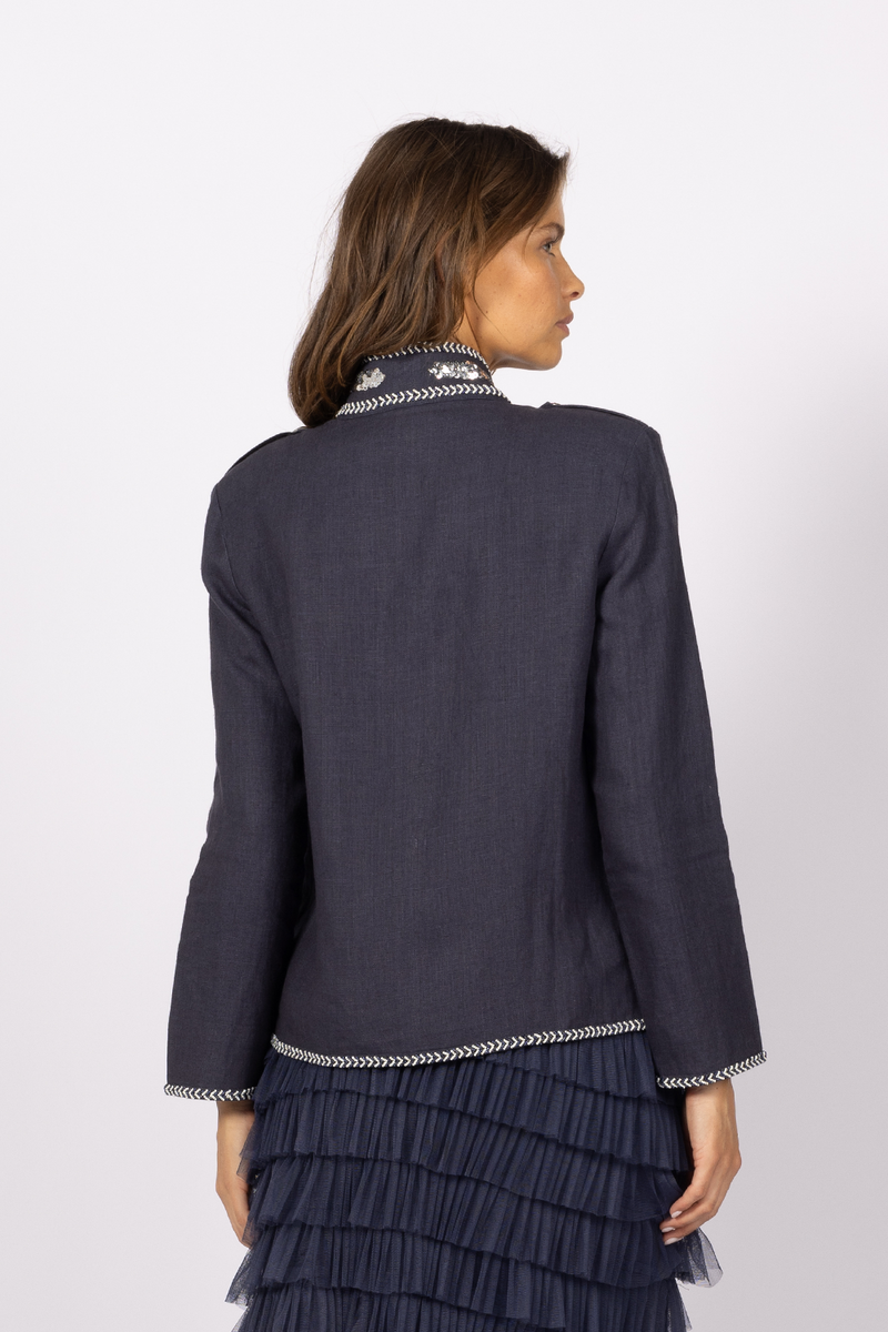 navy silver linen beaded jacket