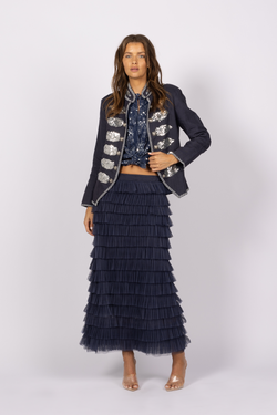 navy matching set tulle skirt sequin jacket