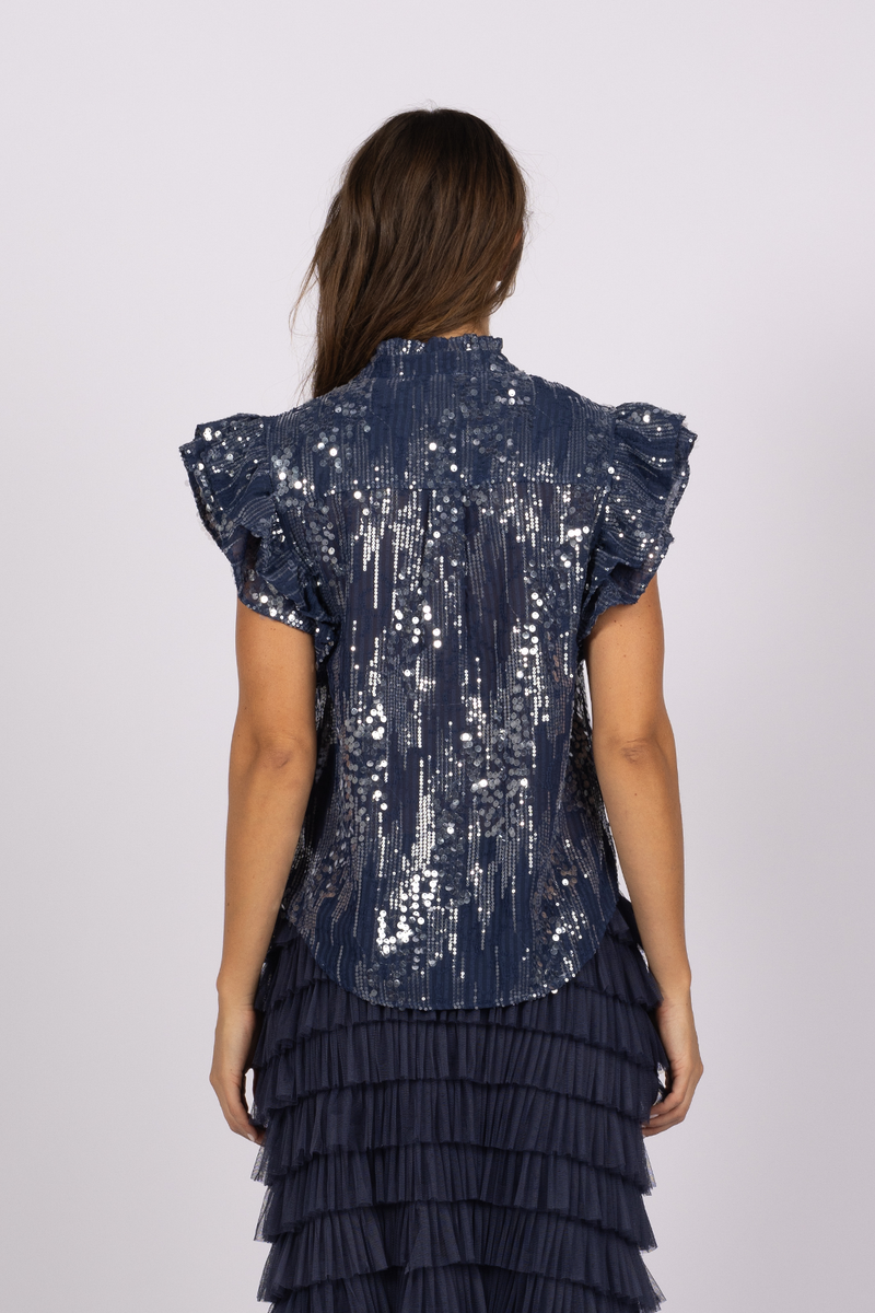 sequin blouse shirt ruffle sleeve navy blue