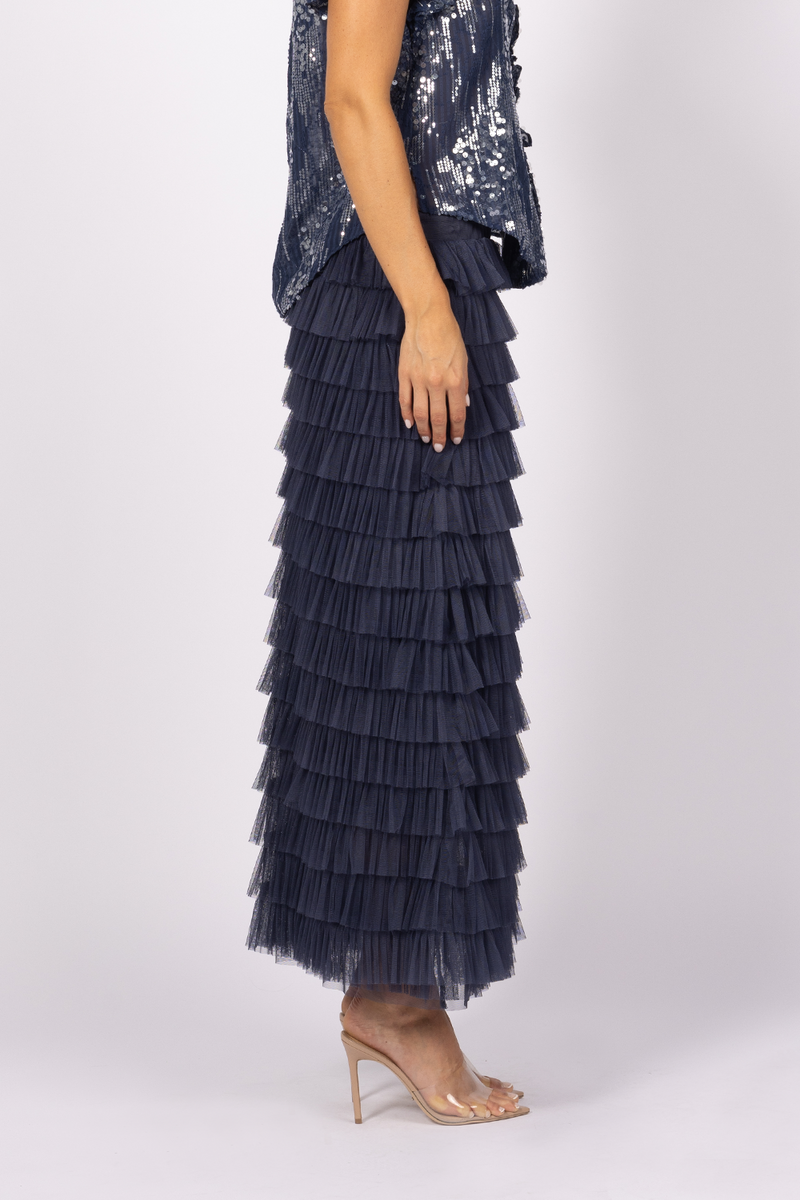 tulle ruffle layered maxi skirt french navy