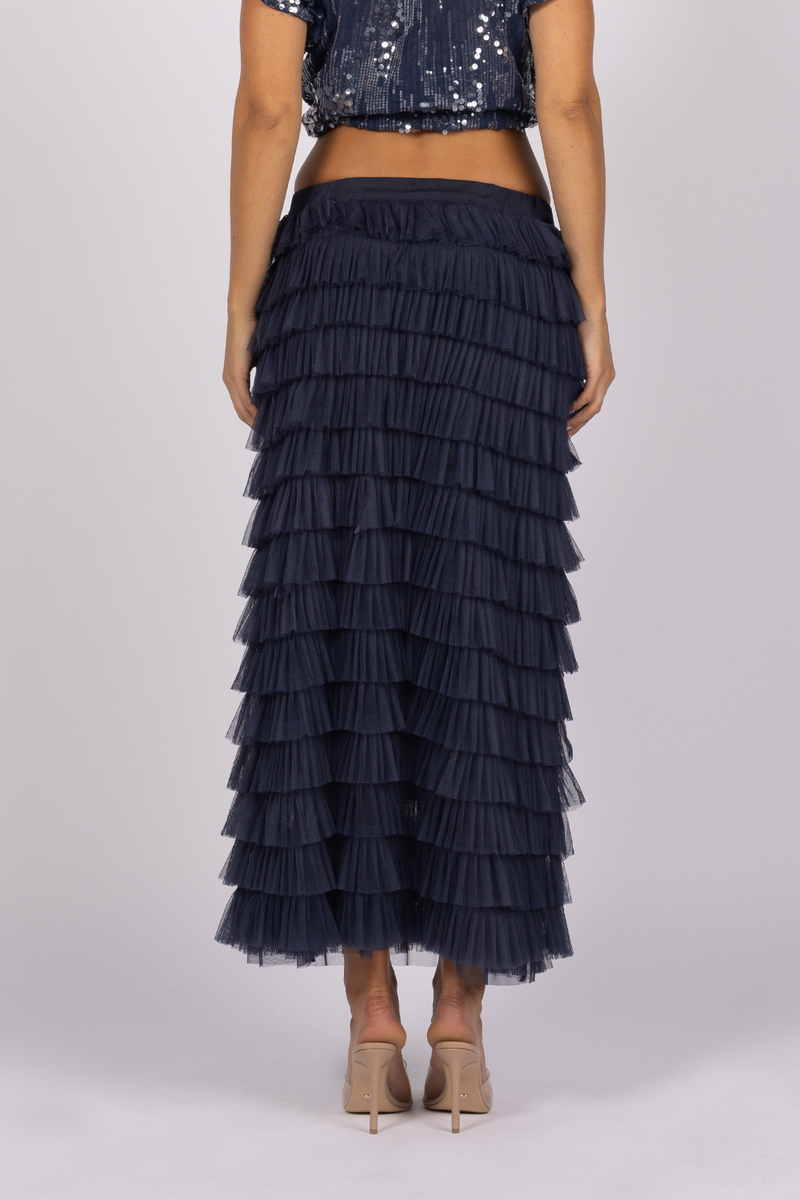 frill layer tulle chiffon navy blue skirt