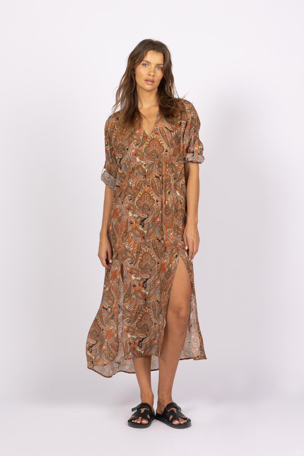 orange beige black paisley print kaftan dress