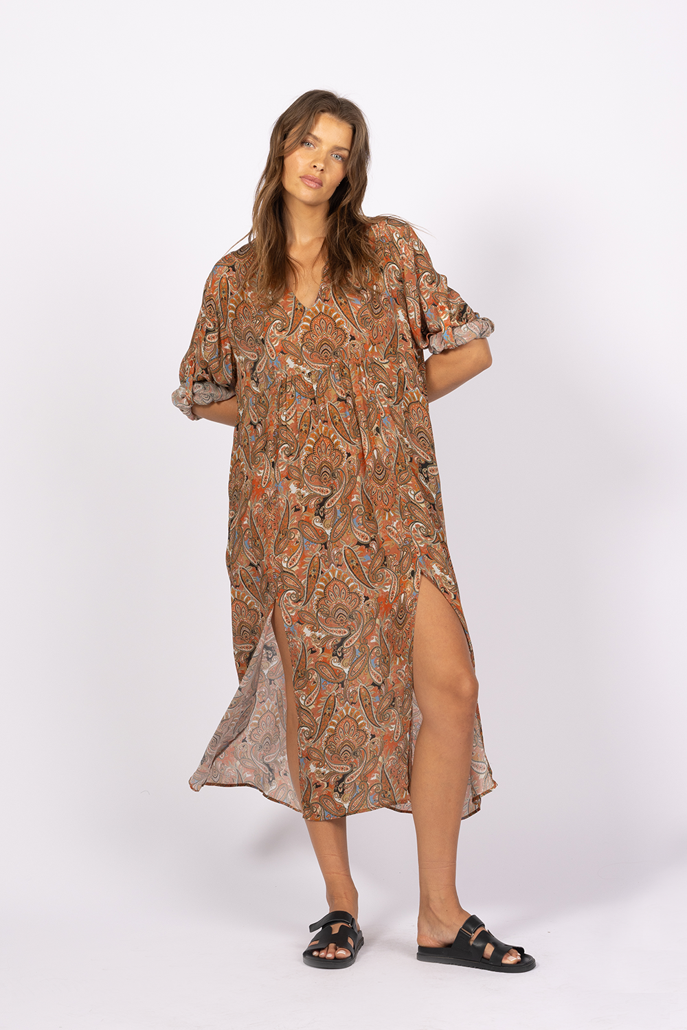 orange black paisley printed short sleeve kaftan dress