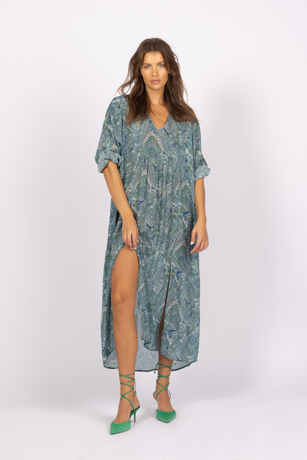 paisley print kaftan dress green and blue