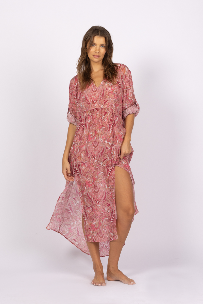 pink paisley kaftan short sleeve dress