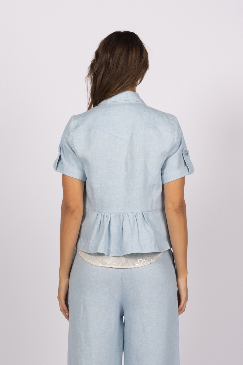 light blue linen short sleeve safari jacket