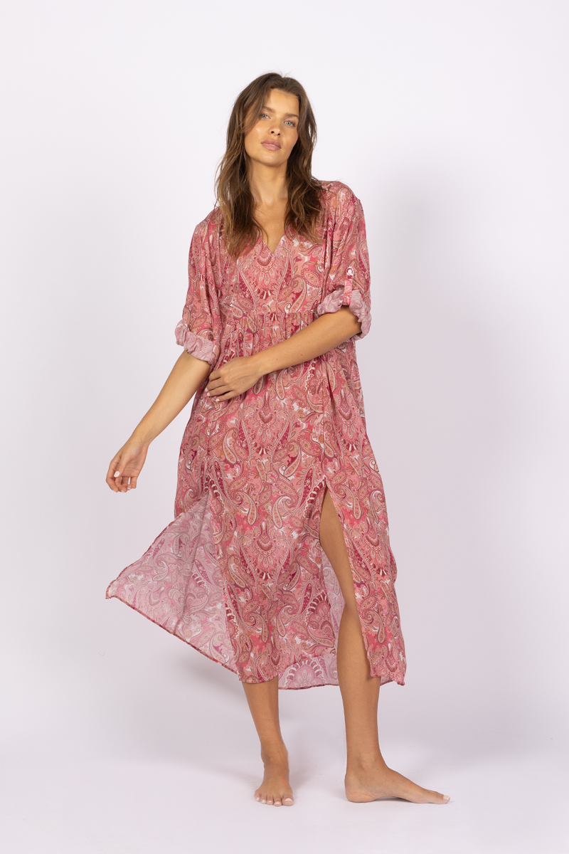 pink paisley printed summer kaftan dress