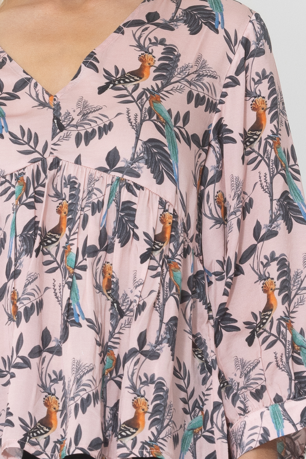 bird printed pink silk blouse