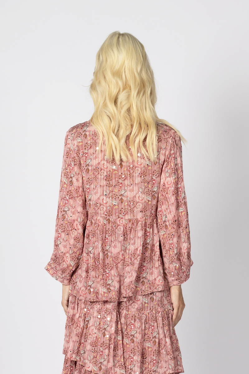 pink embroidery floral printed sparkle blouse