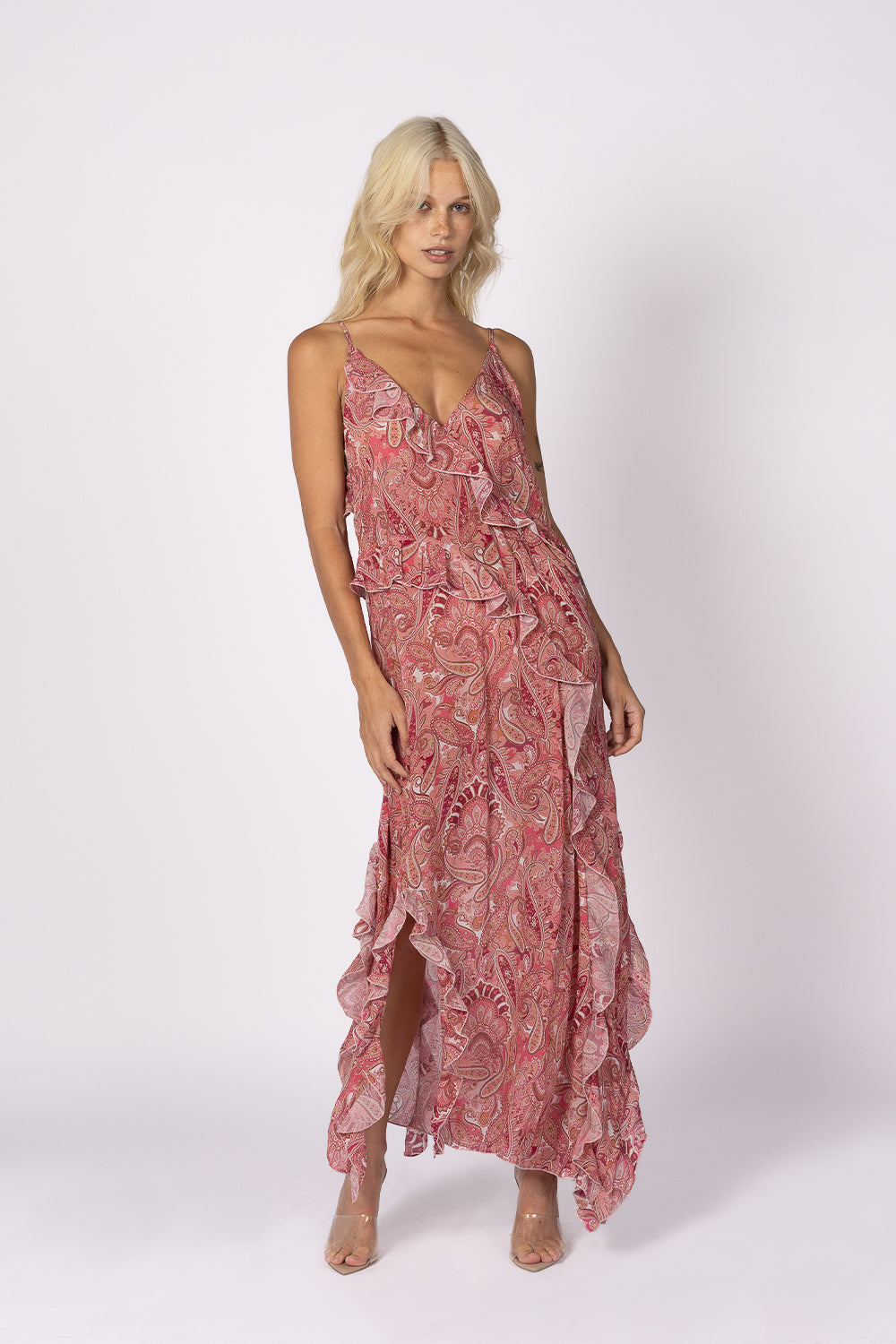 pink paisley printed ruffle edge maxi dress