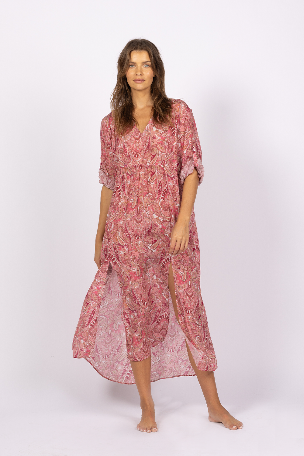 pink paisley printed summer kaftan dress