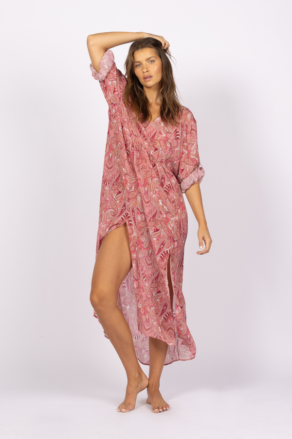 pink paisley printed summer kaftan dress