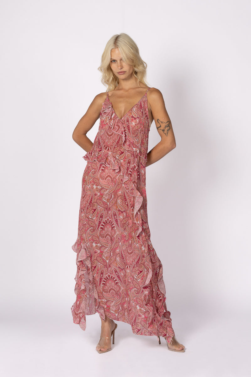 DAMASK PAISLEY RUFFLE SLIP DRESS - THE PINKS