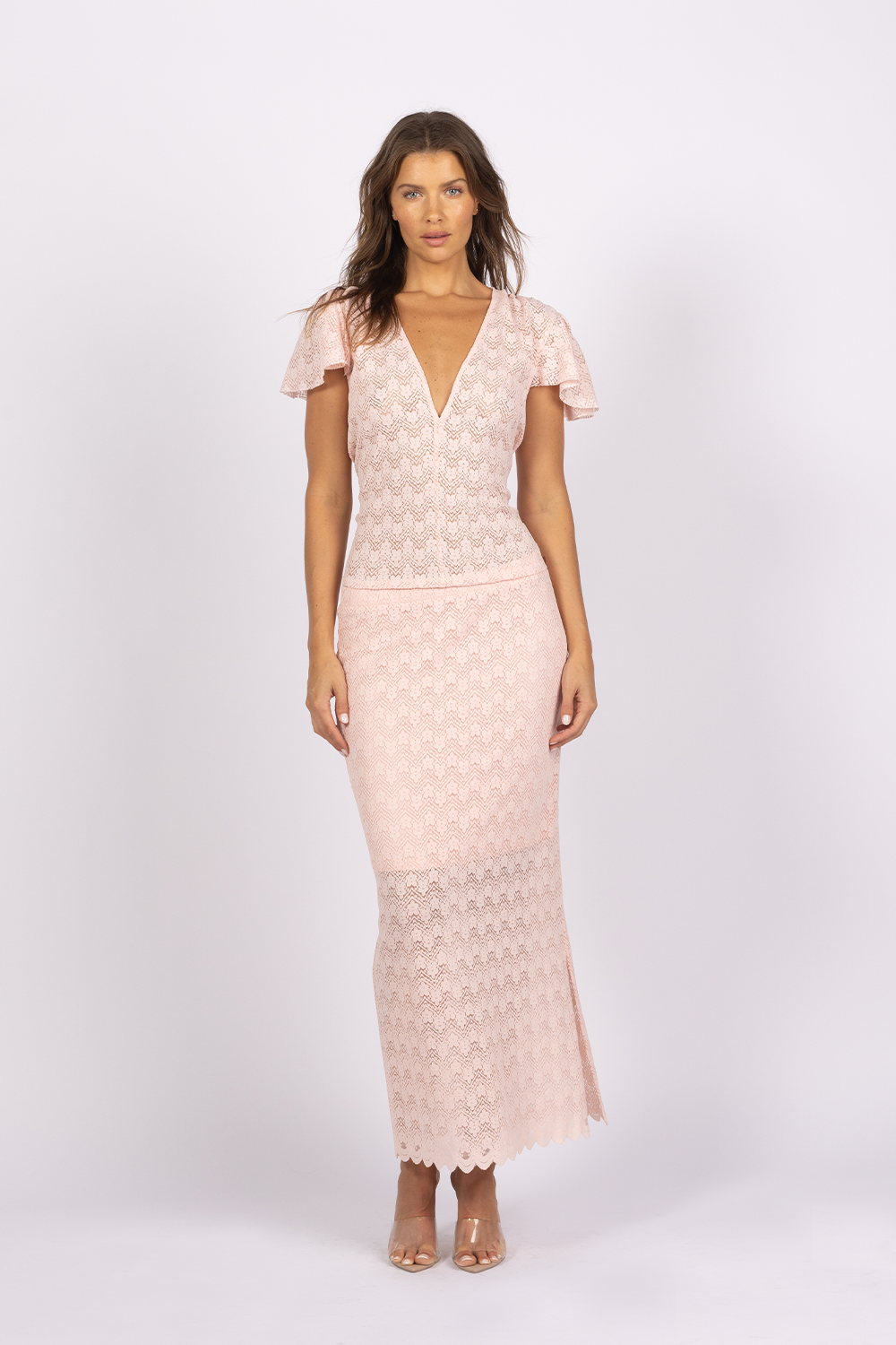 pink lace short sleeve top maxi skirt set