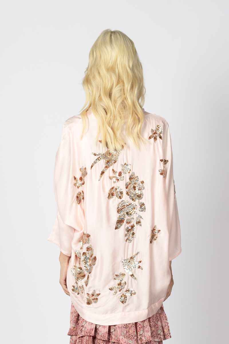 pink sequin silk kimono shrug