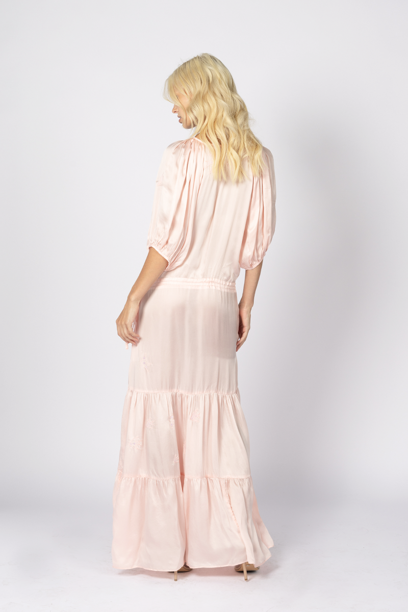 silky pink sleeve drop waist maxi dress
