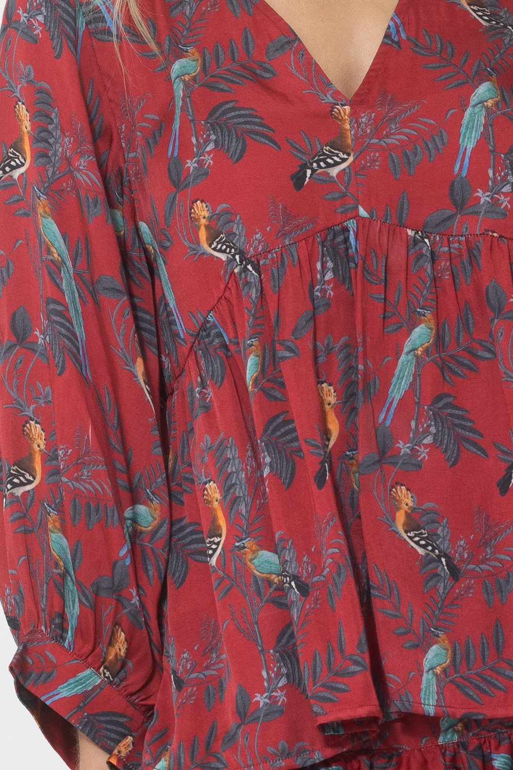 red bird floral print silk blouse