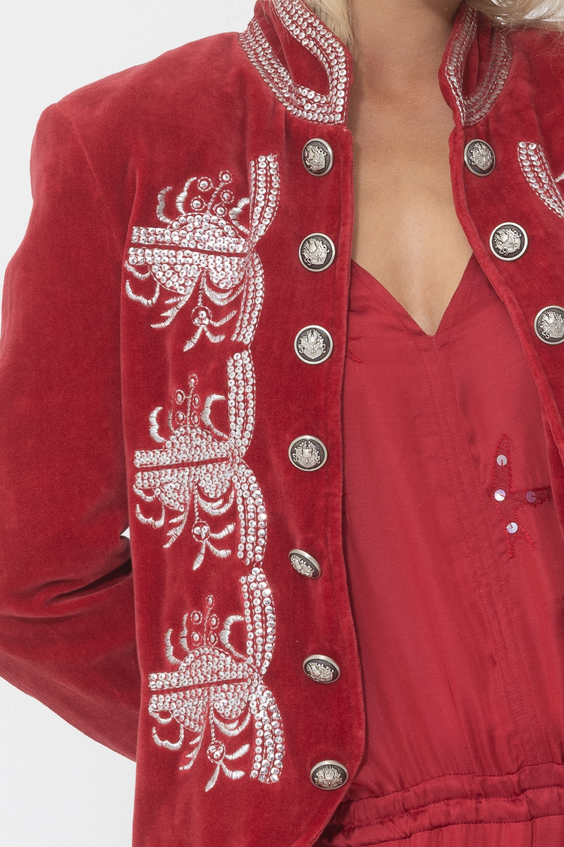 red silver embroidered velvet military jacket