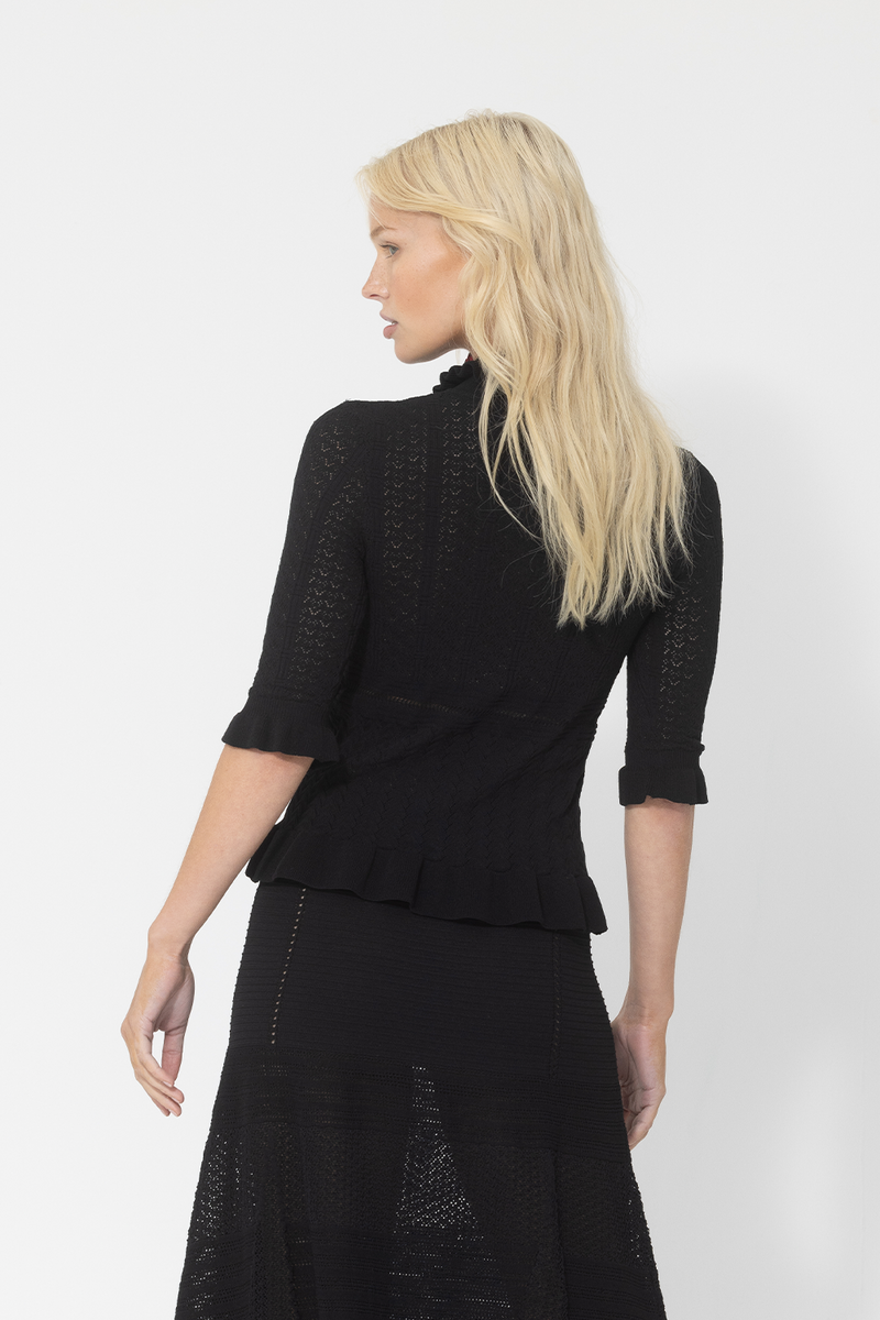 black knit textured ruffle neck blouse