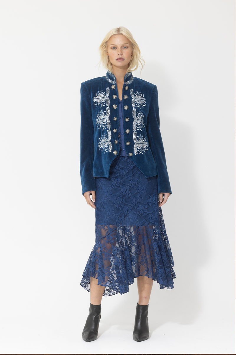 blue matching set outfit velvet jacket lace midi skirt