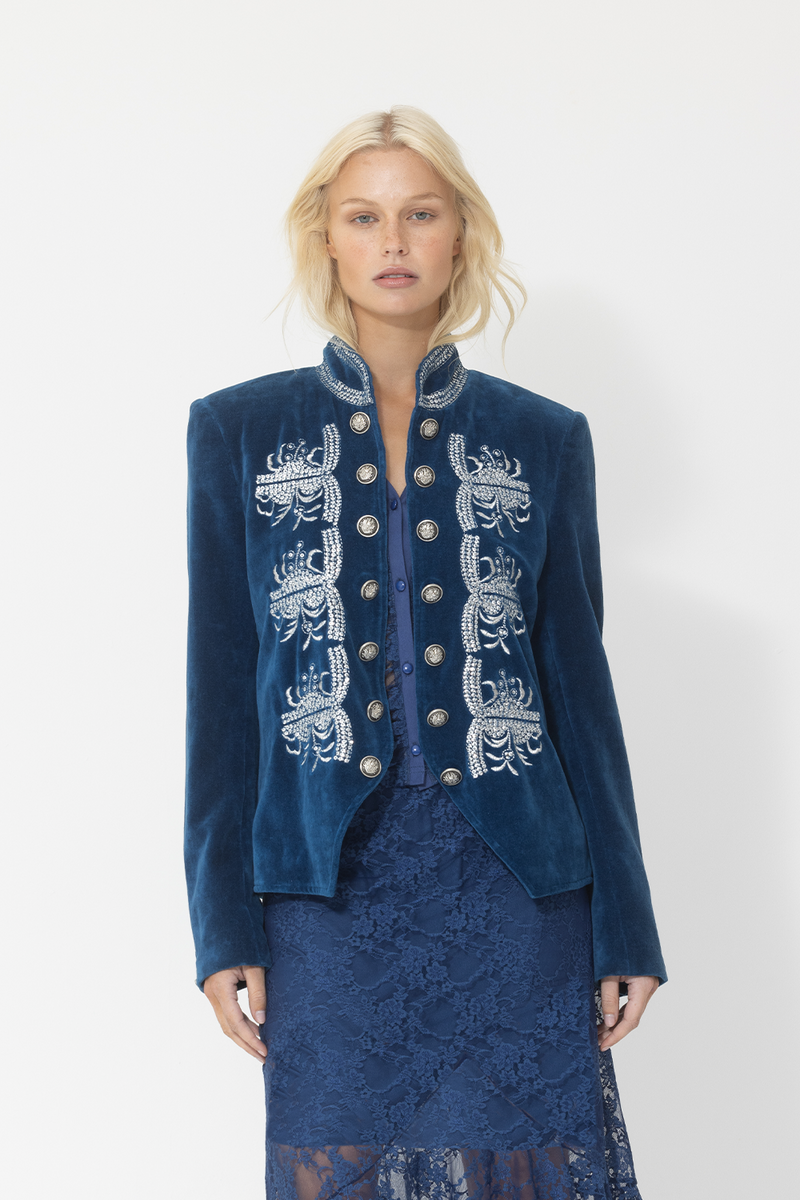 bright blue velvet sequin embroidered jacket