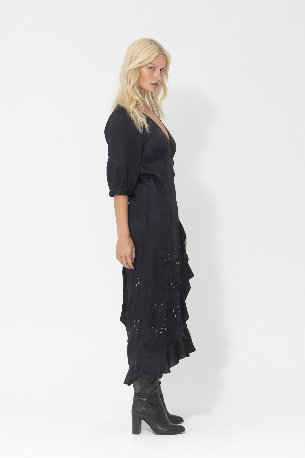 silk satin black midi wrap dress sequin