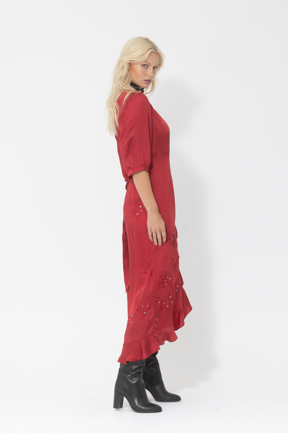 red silk satin midi emrboidered dress