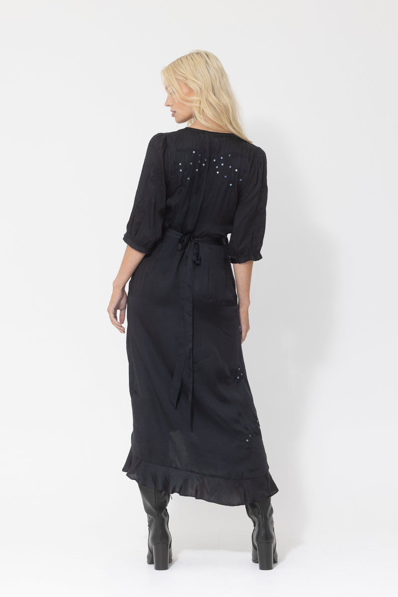 black wrap midi sequin dress silk