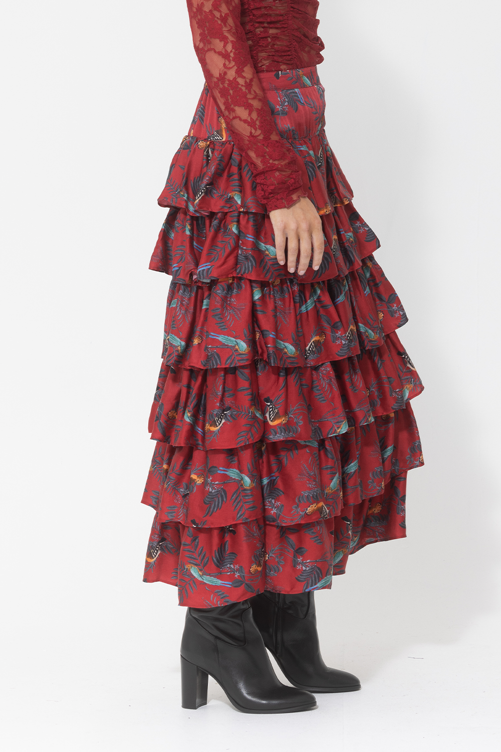 red printed ruffle layer floral skirt