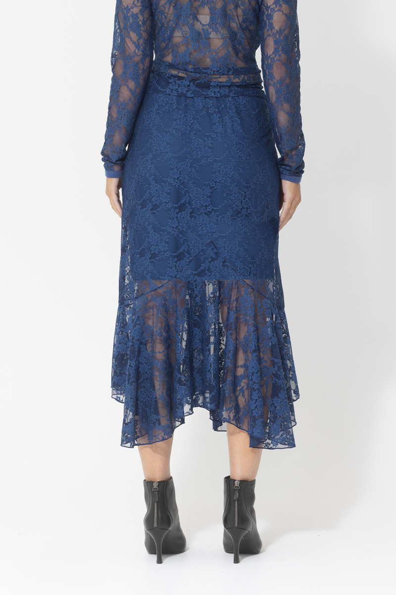 sheer geometric floral lace skirt blue