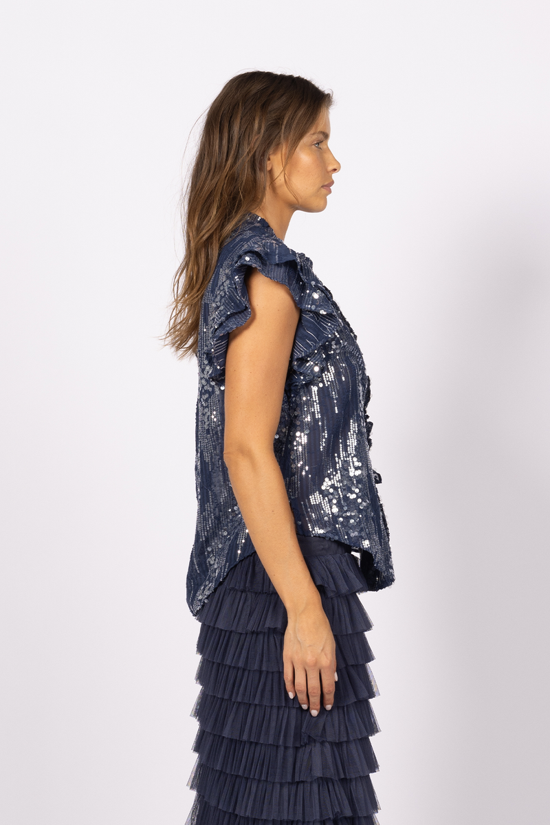 sequin frill sleeve summer blouse navy indigo