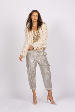 silver sequin cargo pant faux feather jacket