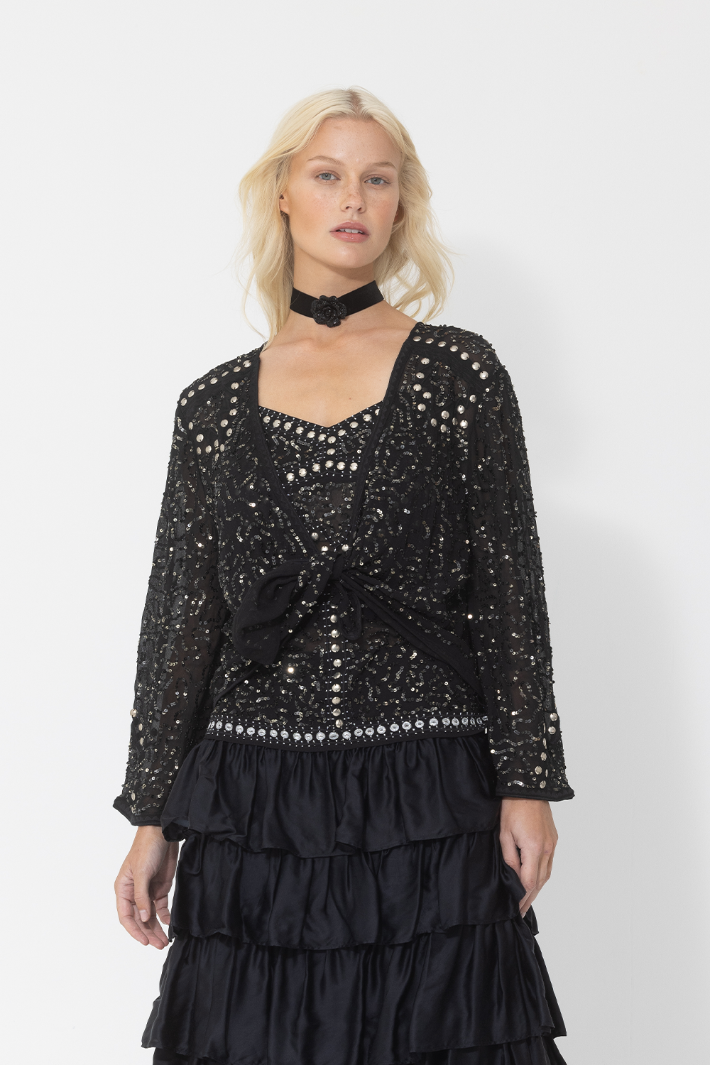 sequin embellished shrug jacket black silver