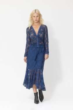 lace midi skirt matching set sapphire blue