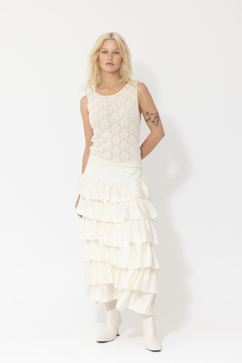 lace tank top and silk maxi skirt matching set white