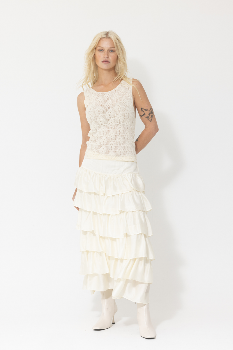 lace tank top and silk maxi skirt matching set white