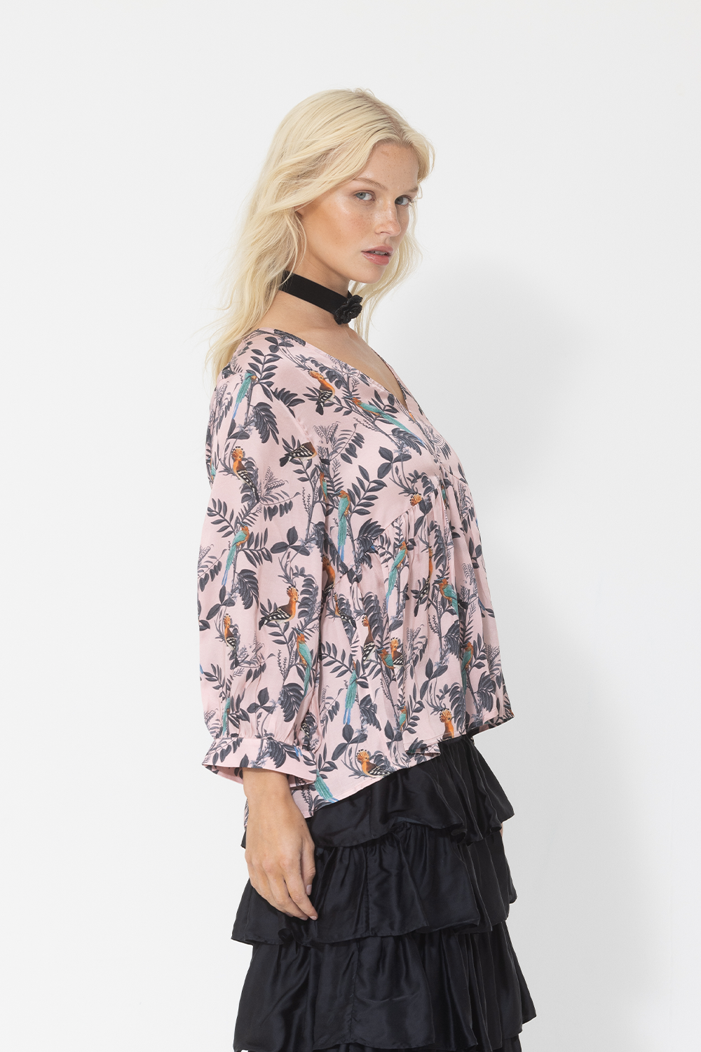 satin bird floral print flowy blouse