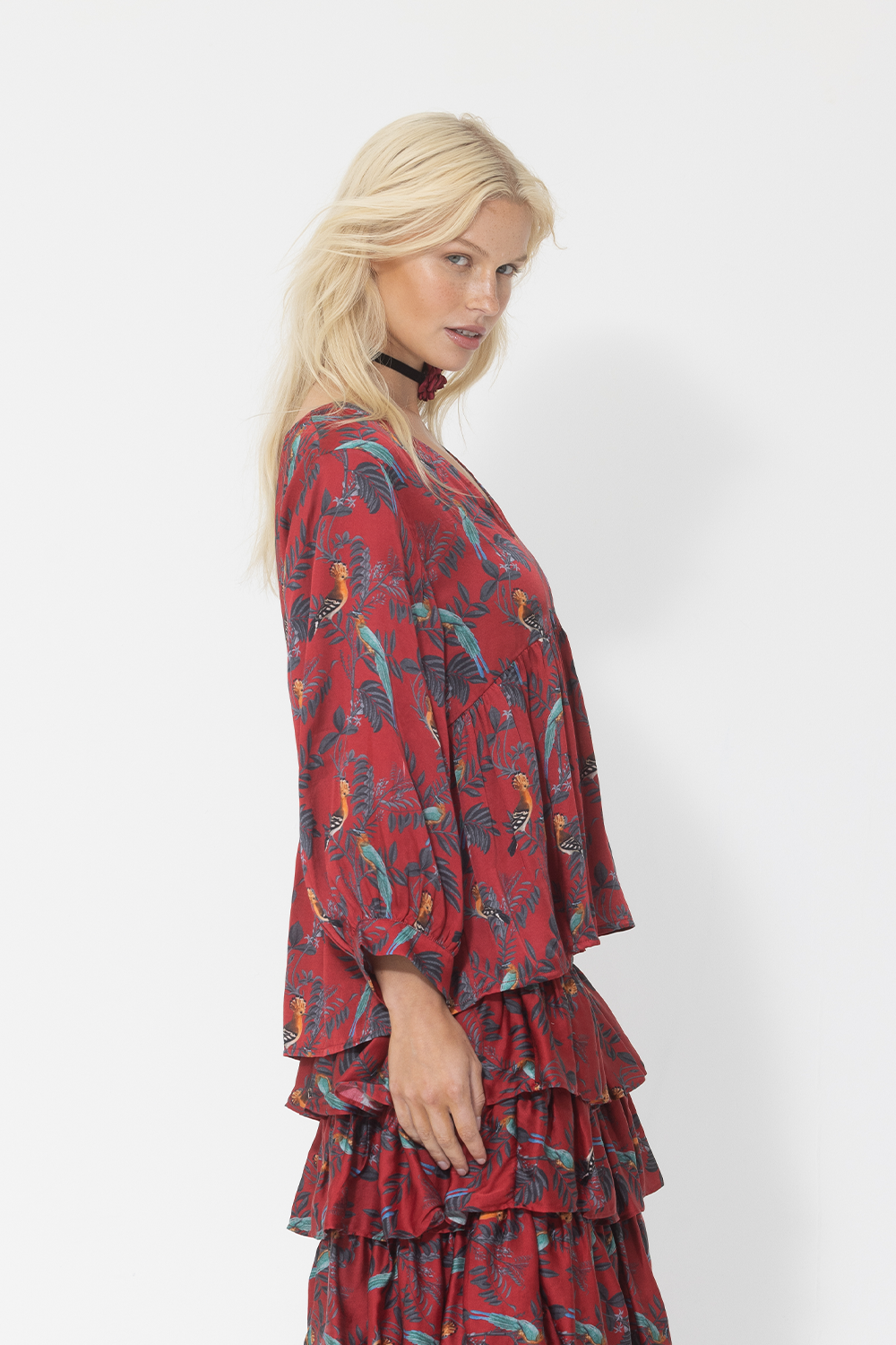 red silk long sleeve blouse red bird printed set