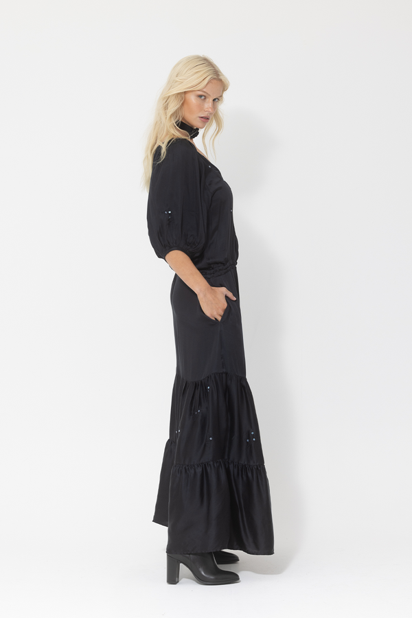 black drop waist tie up silk maxi dress