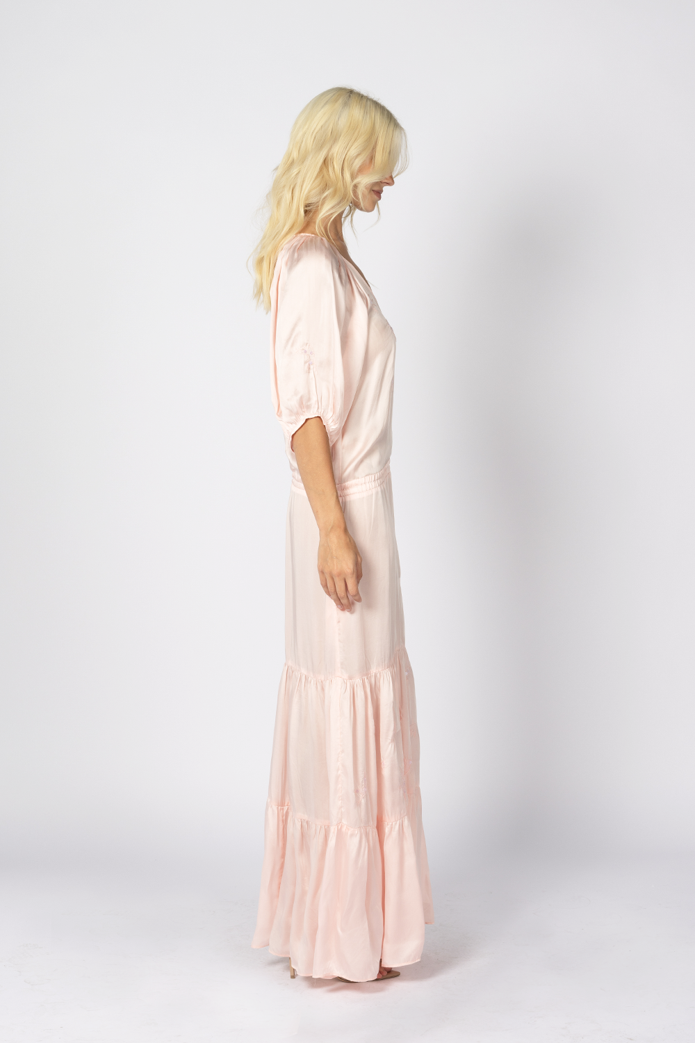 pink silk tie waist long maxi dress