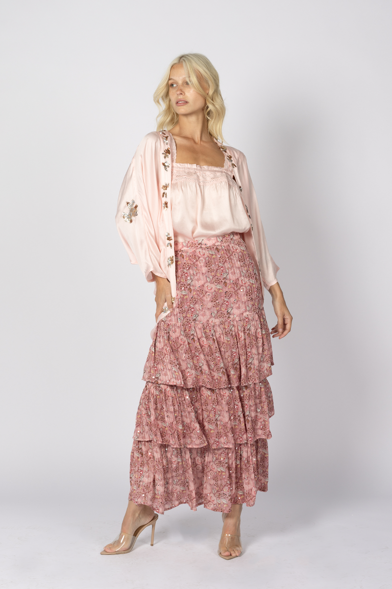 tiered maxi skirt silky cami top set pink embroidery
