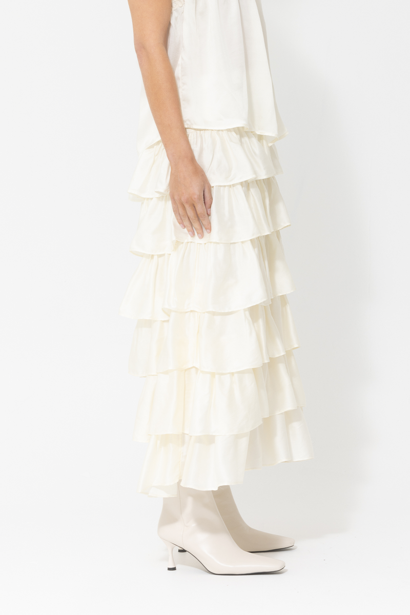 satin white ruffle tiered long skirt