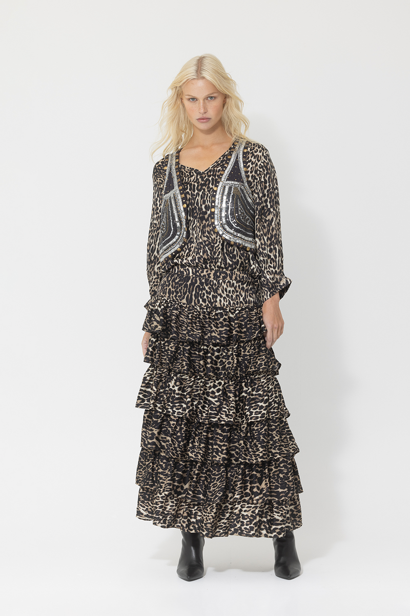 leopard print set tiered skirt sequin vest blouse